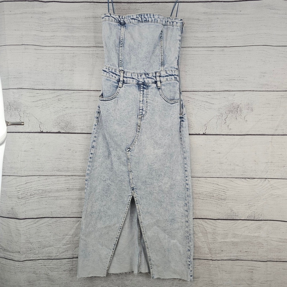 GB Gianni Bini XS Strapless Denim Midi Dress Light Acid Wash Slit Front NWT L793